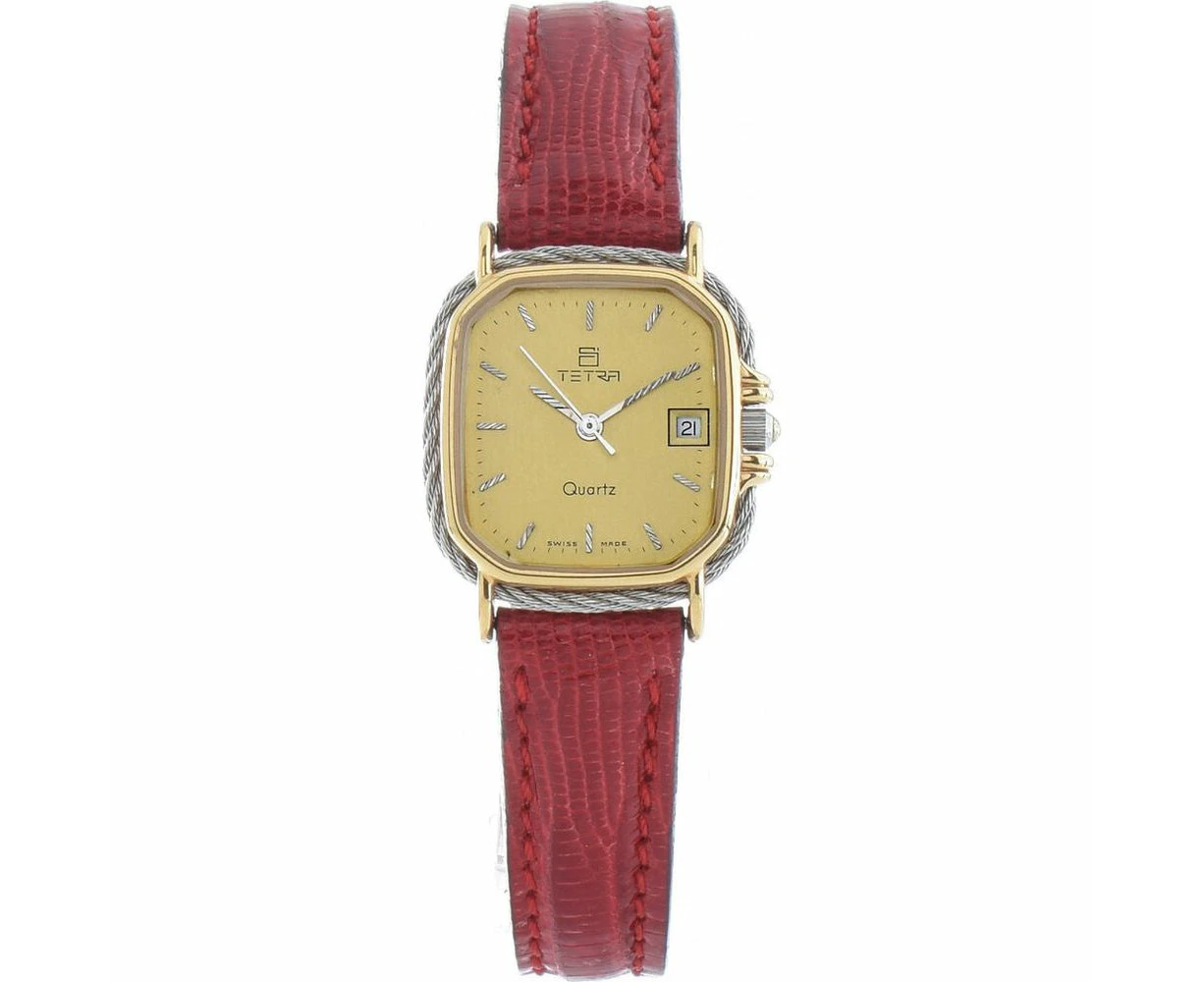 Sleek And Elegant: Tetra 124 Cc L Ladies' Leather Wristwatch In Golden & Red