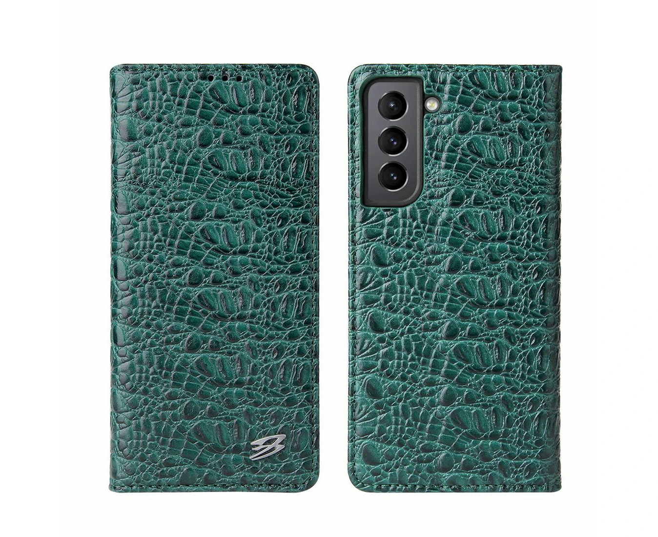 For Samsung Galaxy S21+ Plus Case Croc Pattern Genuine Cow Leather Cover Green