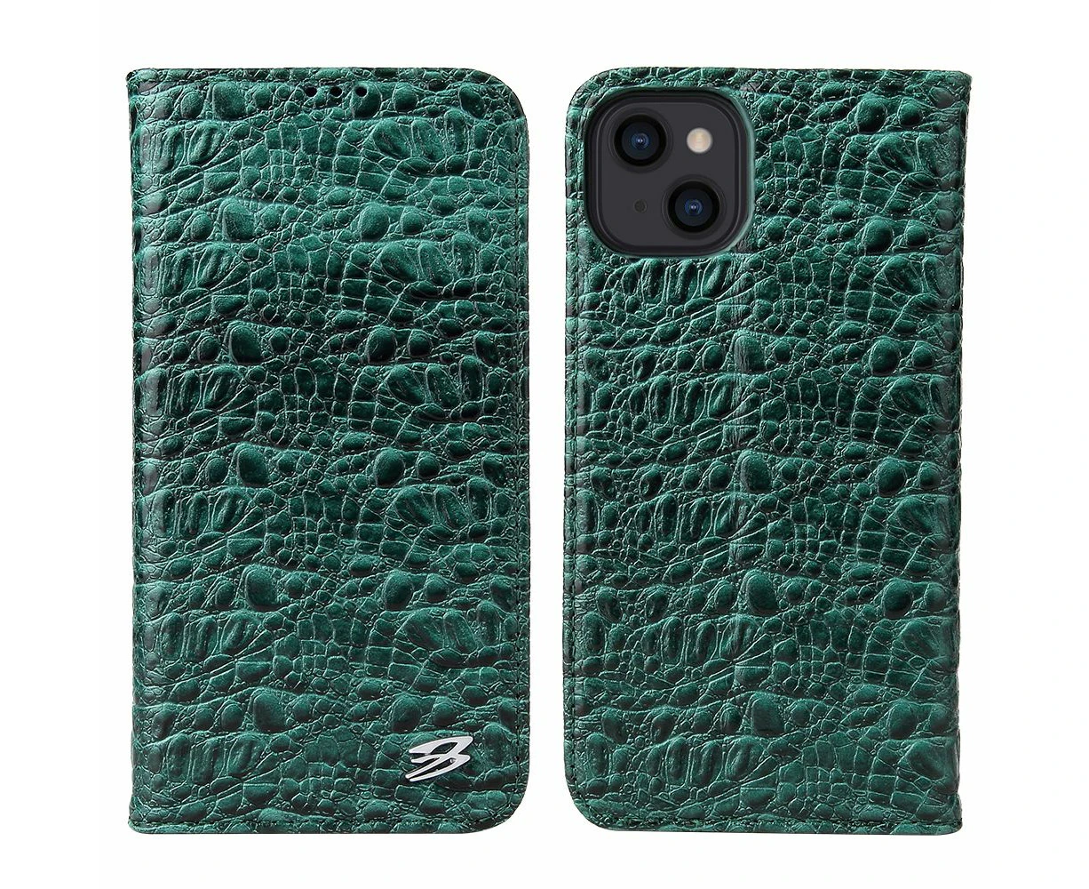 For iPhone 14 Plus Case Crocodile Pattern Genuine Cow Wallet Leather Cover Green