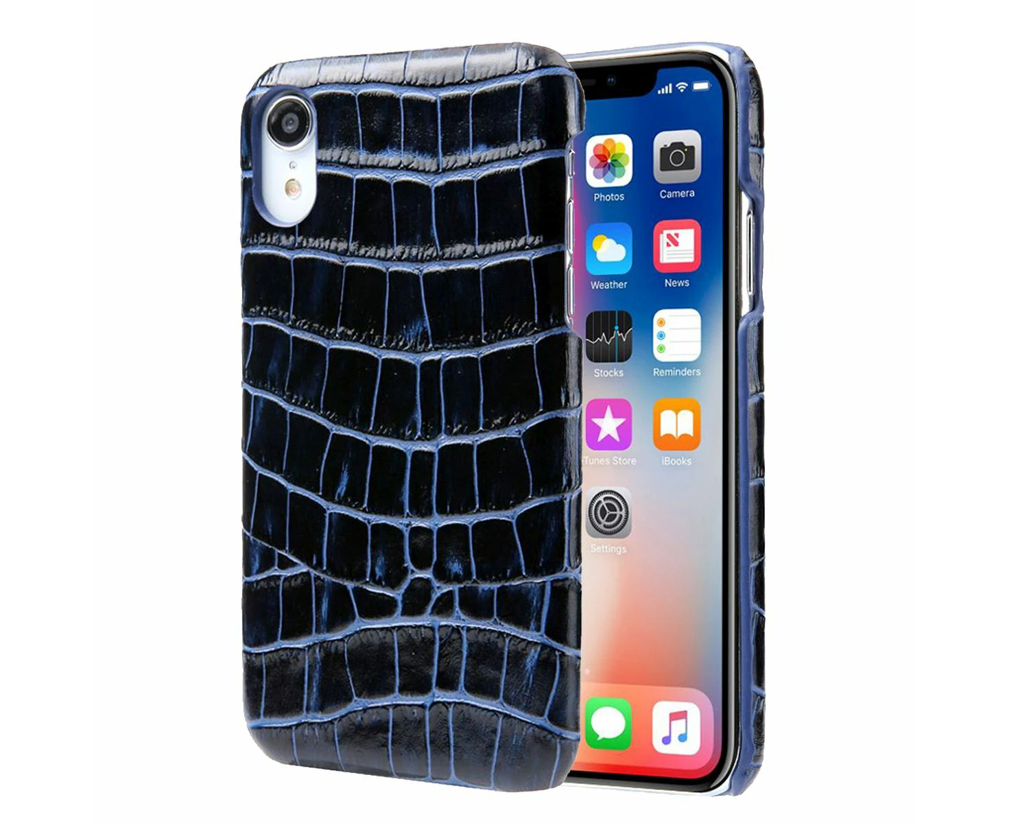 For iPhone XR Case Blue Genuine Crocodile Leather Back Shell Cover