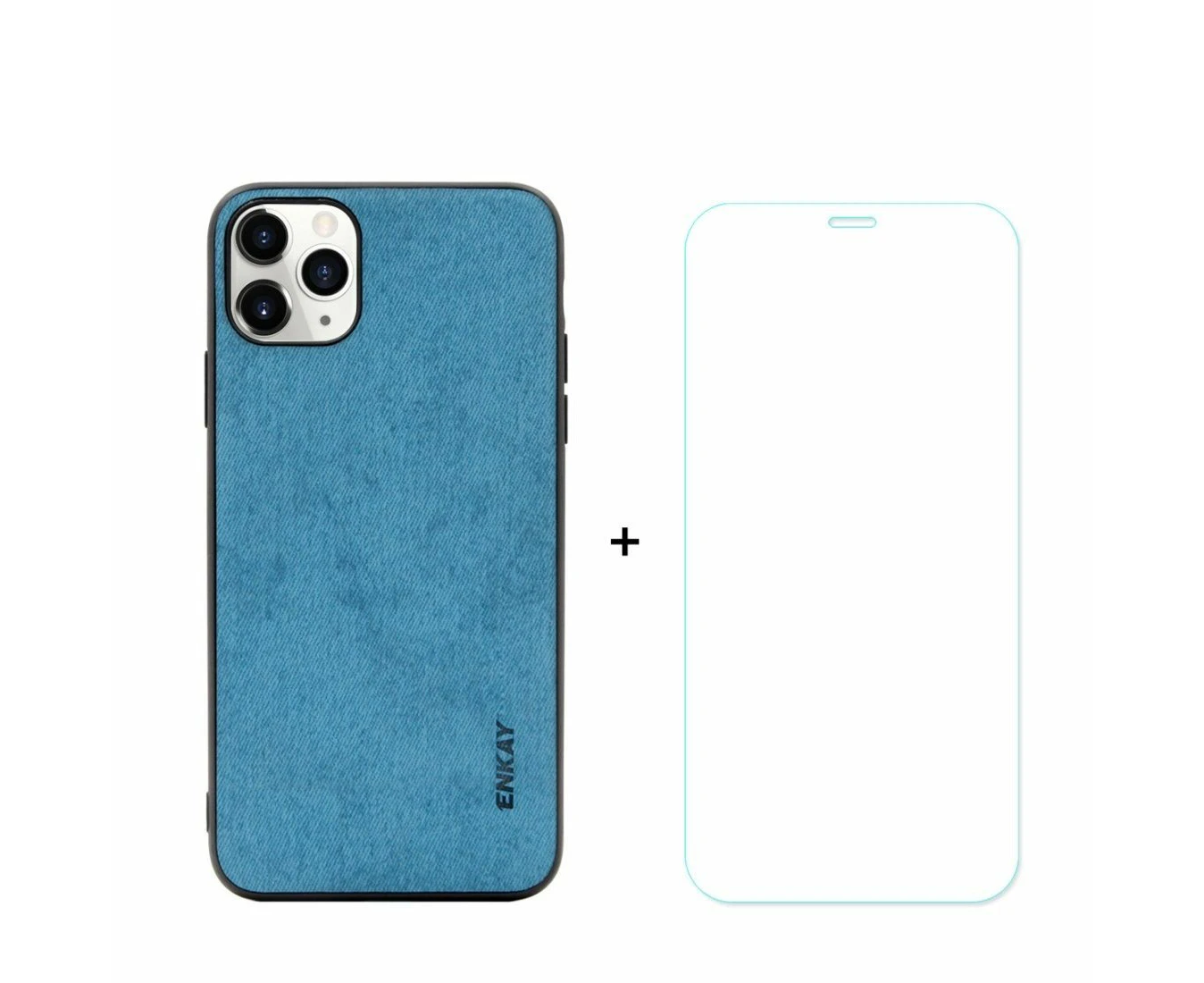 For iPhone 11 Pro Max Case Fabric Texture Blue & Tempered Glass Screen Protector