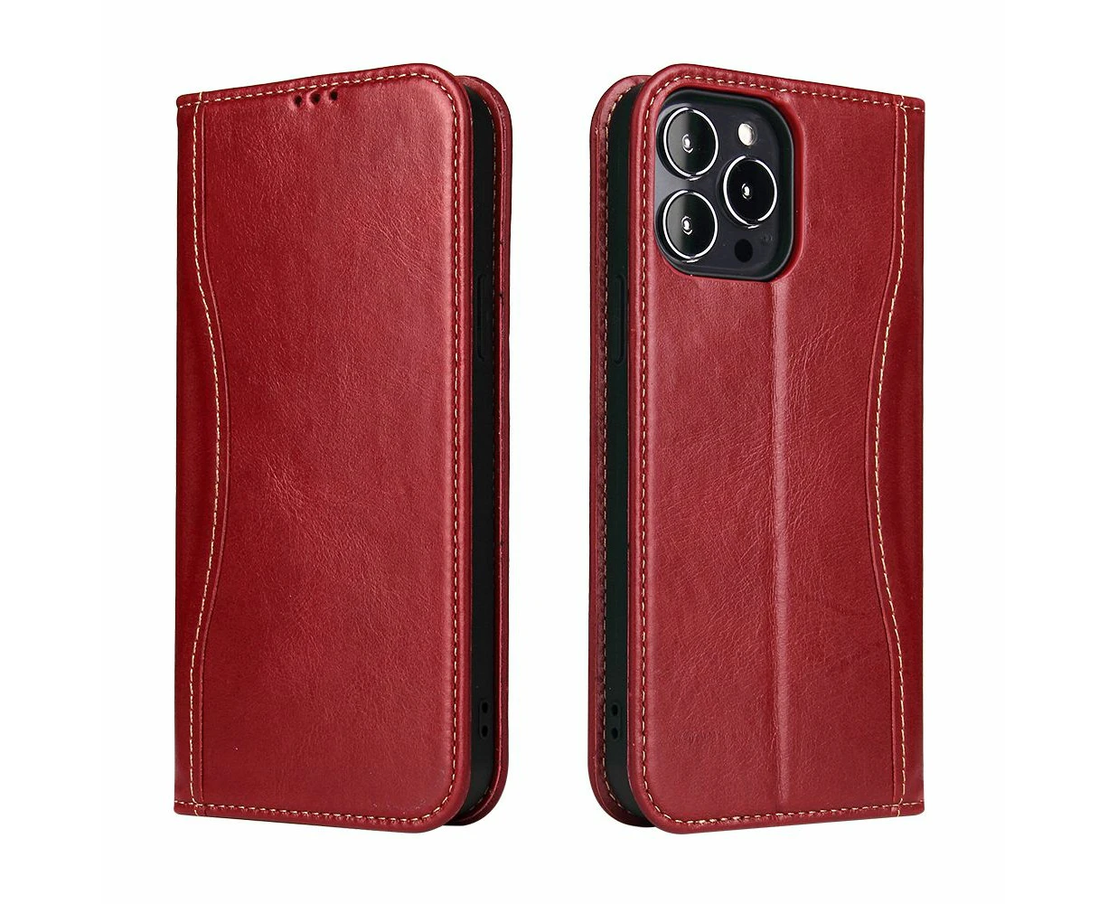 For iPhone 14 Pro Max Case Fierre Shann Genuine Cowhide Leather Wallet Cover Red