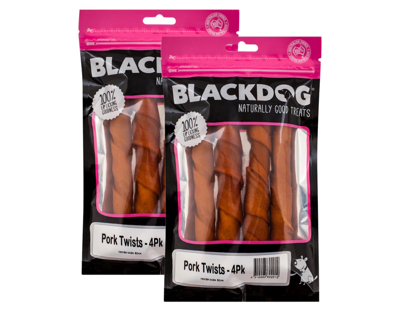 2 x 4pk Blackdog Pork Twists Natural Dog Treats