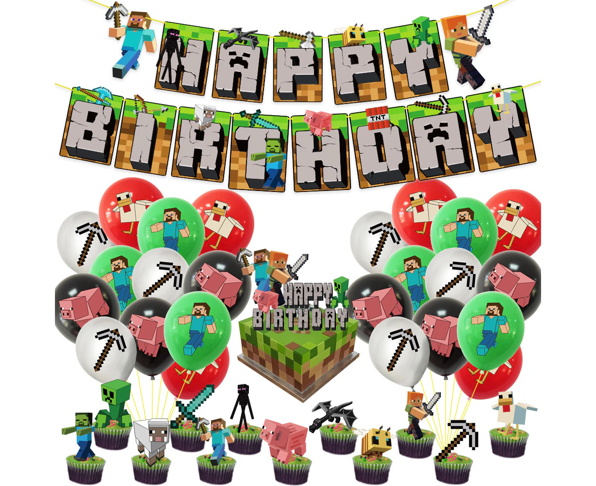 Minecraft Birthday Party Items Include Happy Birthday Banners, Balloons, Cake And Cupcake Toppers, Minecraft Party Decorations