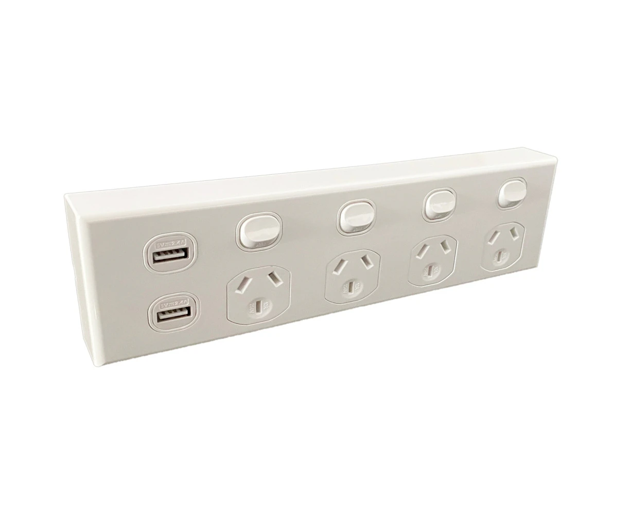 3A AU Quad Power Point 10A 250v with 2 USBs  4 Gang GPO Socket Outlet - White