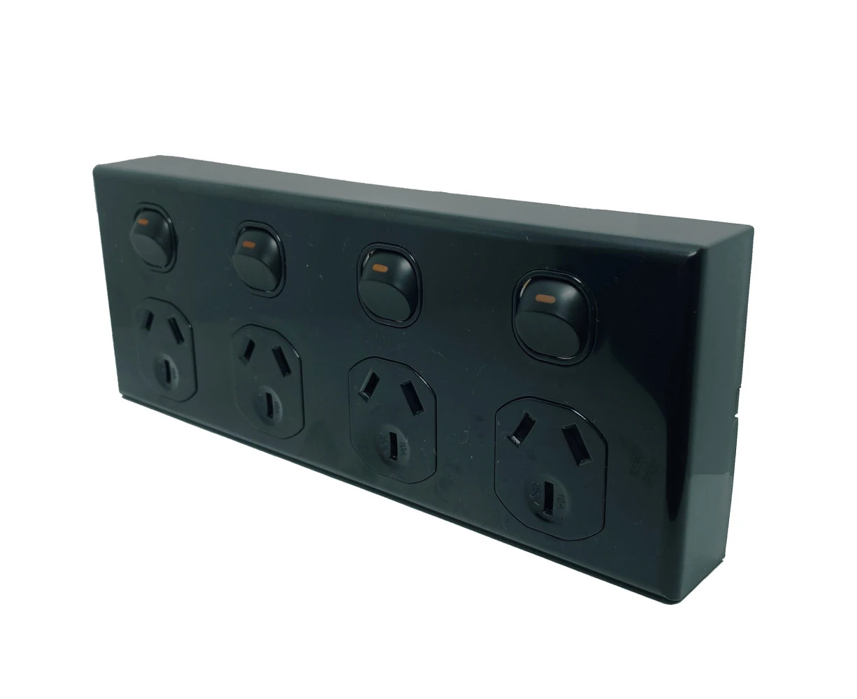 3A AU Quad Power Point 10A 250v  4 Gang GPO Socket Outlet - Black