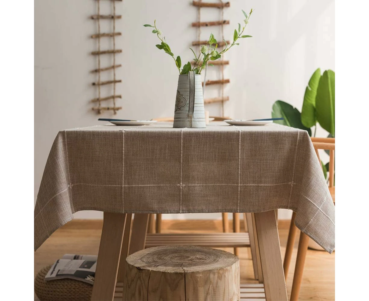 Cotton Linen Tablecloth for Square Tables Solid Grid Embroidery Table Cover for Kitchen Dining Table Decoration (135x135 cm, Khaki)