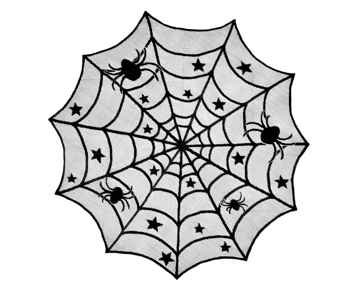 40 inch Round Polyester Lace Table Topper Black Spider Web Halloween Tablecloth for Halloween Dinner Party