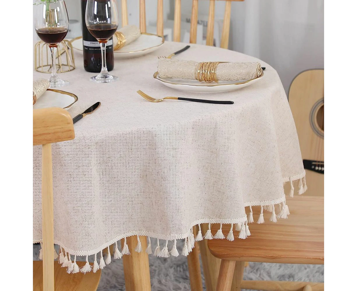 Beige Round Tablecloth 120 cm Washable Linen Cotton Wrinkle-Free Dustproof with Tassels for Kitchen, Dining Room, Coffee Table, Garden Table