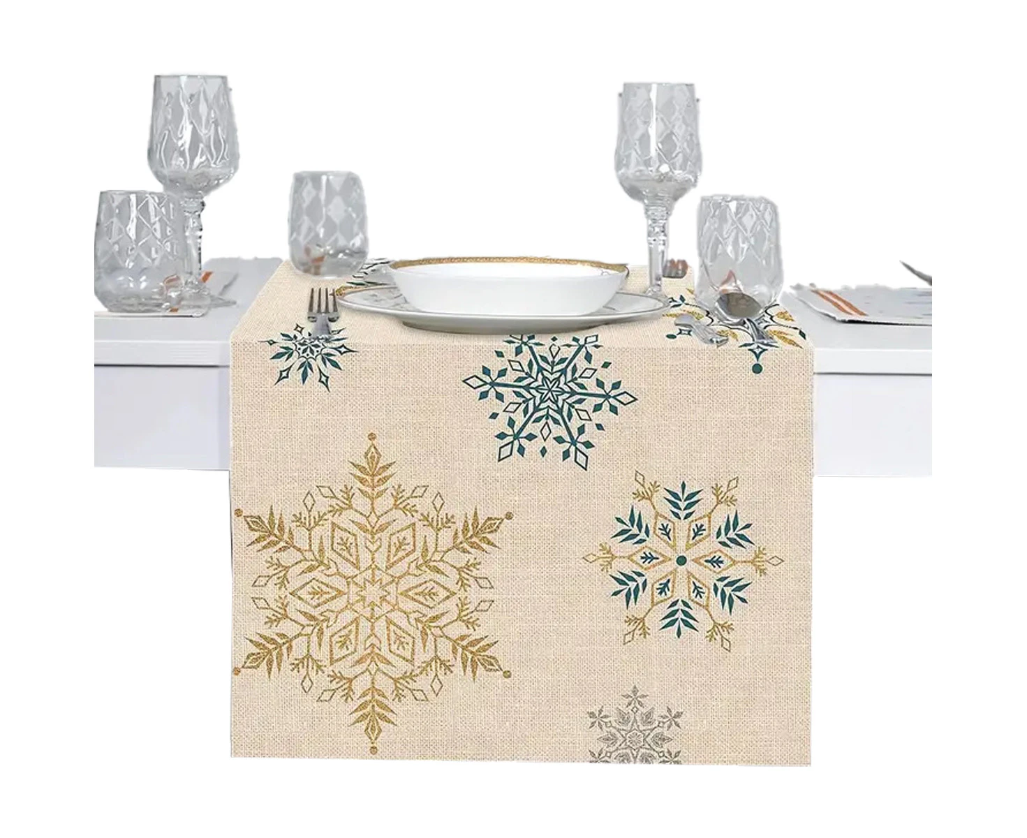 Winter Table Runner Snowflake Decorations White Gold for Table Seasonal Christmas Holiday Decor Indoor Outdoor Dining