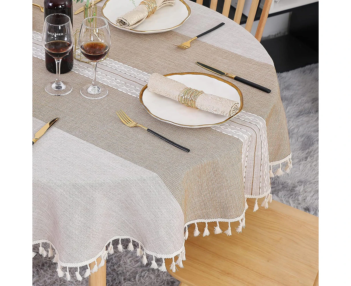 Round Tablecloth 140 cm Washable Cotton Wrinkle-Free Dustproof with Tassels and Stripe Embroidery for Kitchen Dining Coffee Table Garden Khaki