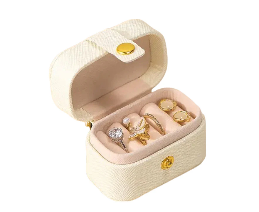 Anyhouz Jewelry Storage Mini Ring Box Portable 2pc Beige Organizer Display Travel Simple Mini Gift Case Boxes Leather Earring Necklace Holder