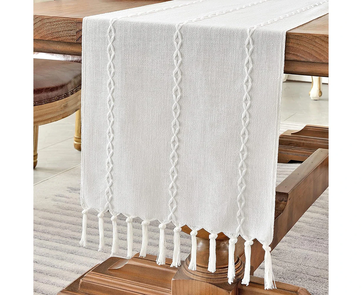 Cotton Linen Table Runner Farmhouse Style 180cm with Hand Tassels for Parties, Dining Room, Dessert Table Decoration (White, 33x183cm)