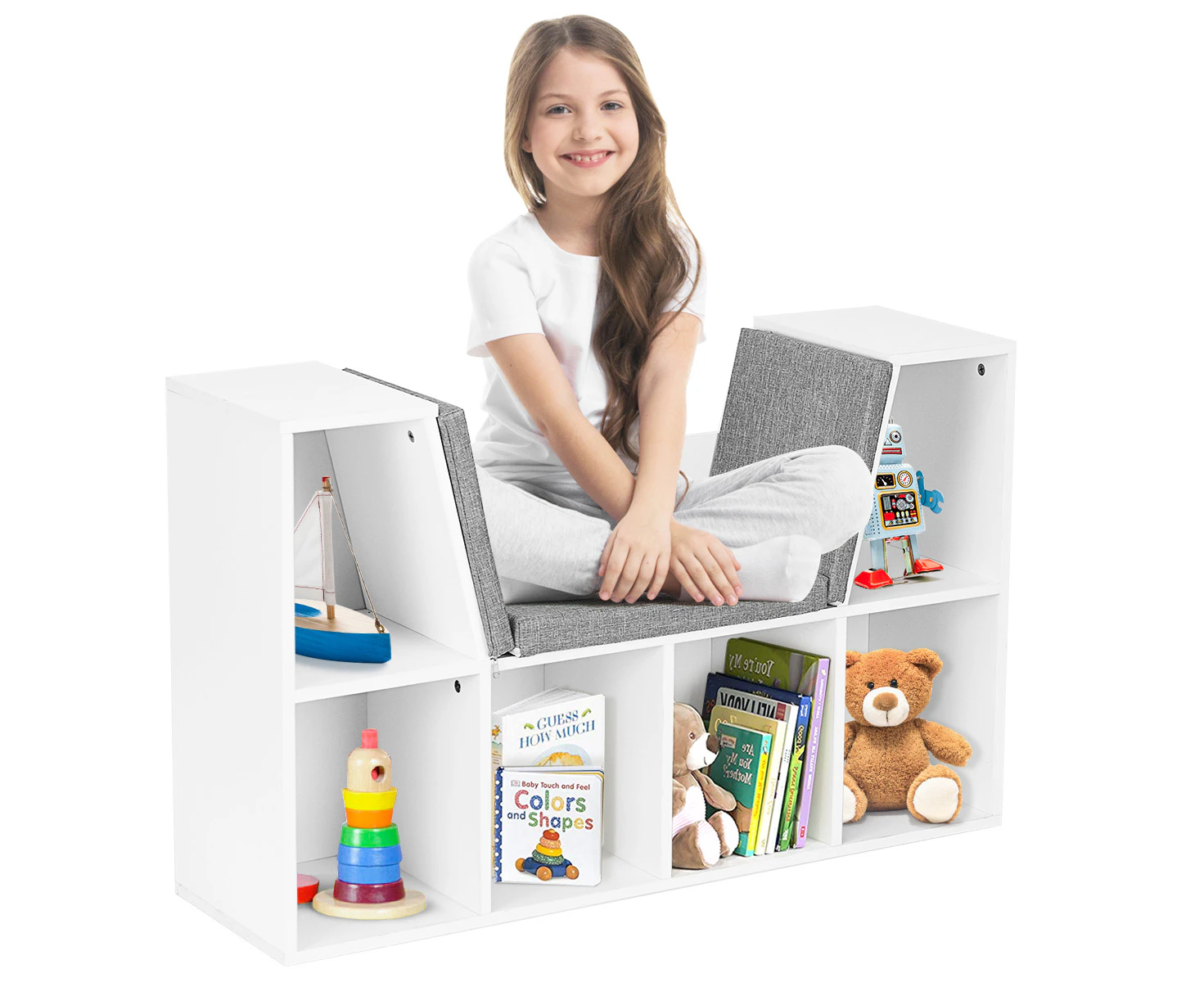 Kids Bookcase w/Upholstered Seat Toy Storage Organiser Display Cabinet Bookshelf