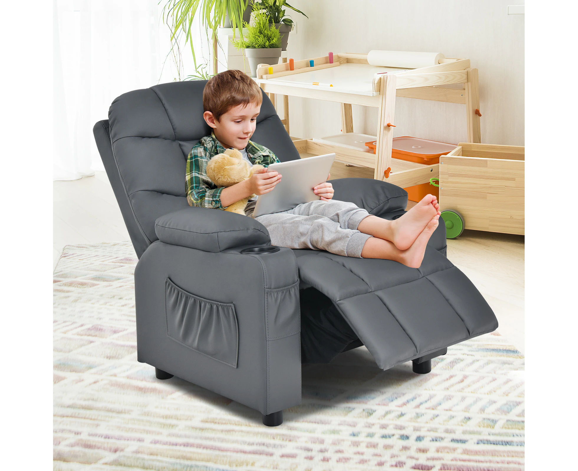 PU Leather Kids Sofas Adjustable Toddler Upholstered Recliner Armchair w/Cup Holders & Side Pockets Grey