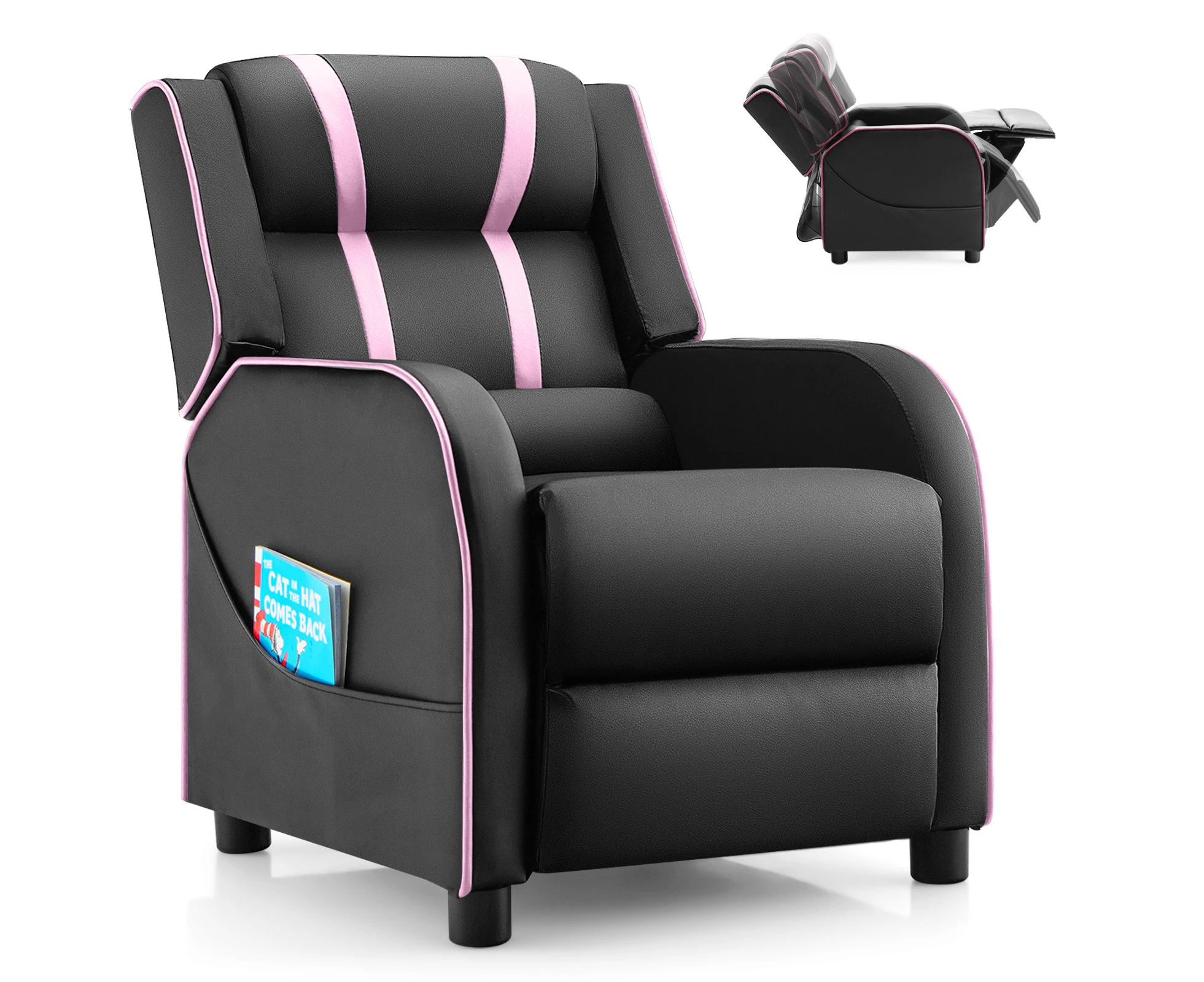 Adjustable Kids Sofa PU Leather Recliner Chair Upholstered Armchair w/2 Side Pockets Pink & Black