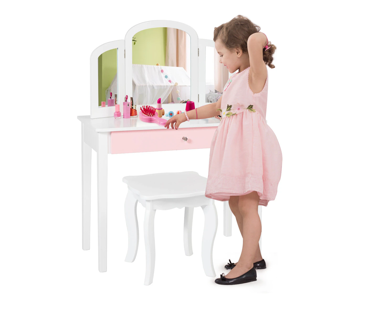 Kids Vanity Table Set w/Tri-folding Mirror Study Desk & Chair Set Stylish Princess Makeup Table White