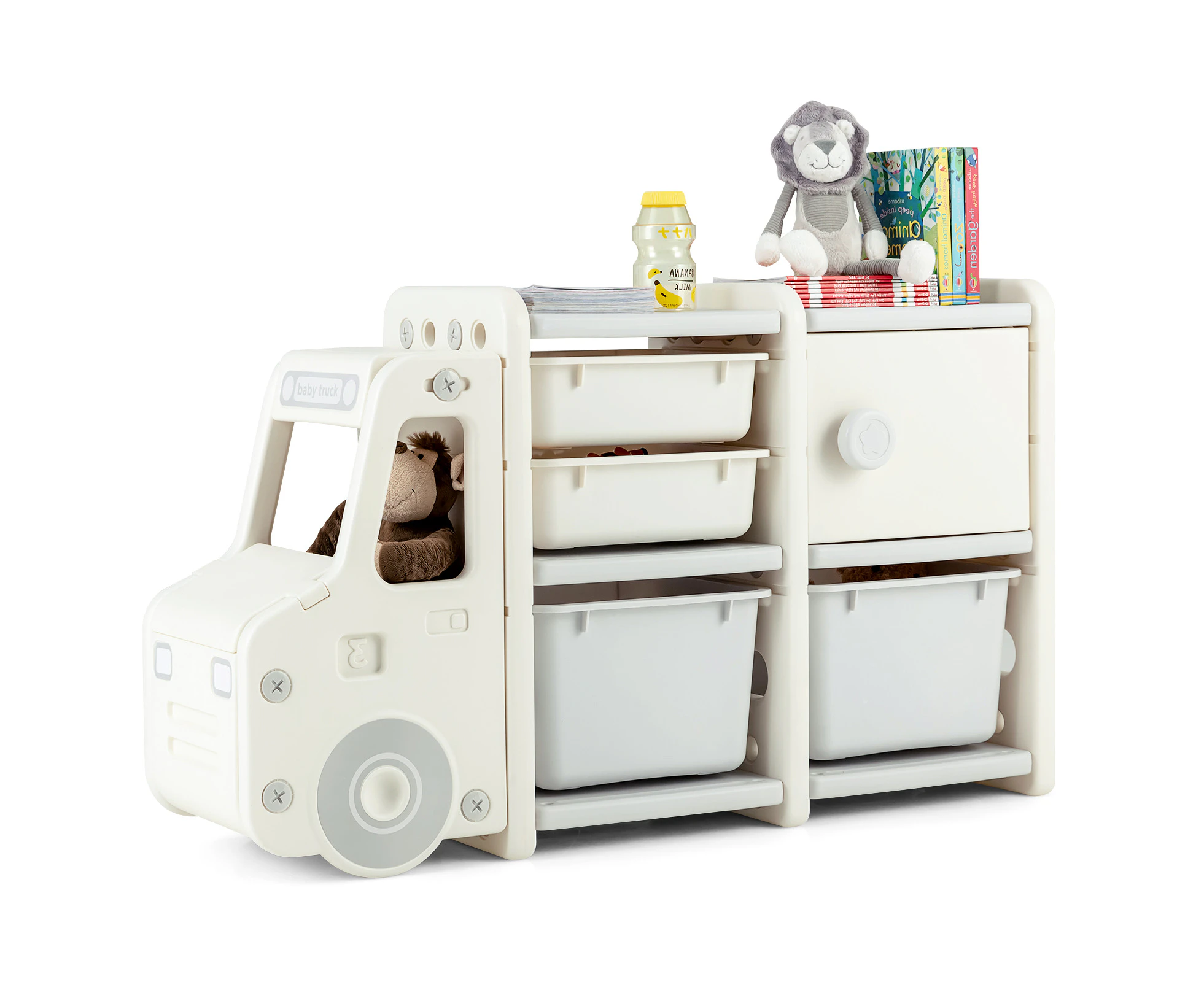 Kids Toy Storage Organiser Bookcase Truck-shaped Storage Cabinet w/Bins & Drawers for Playroom Bedroom School Beige