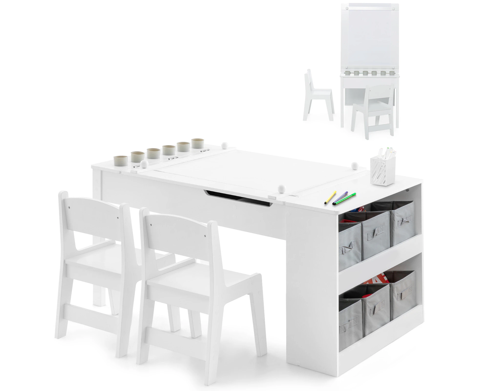 Kids Art Table Set Children Activity Drawing Desk & Chair Liftable Tabletop w/Paint Cups/Paper Roller White