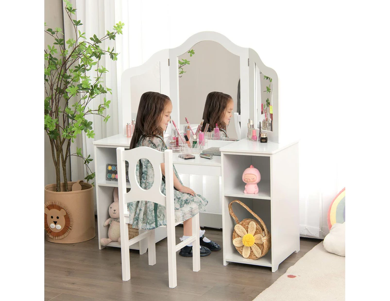 Kids Vanity Dressing Table Set w/Removable Mirror Children Study Desk and Chair Set White