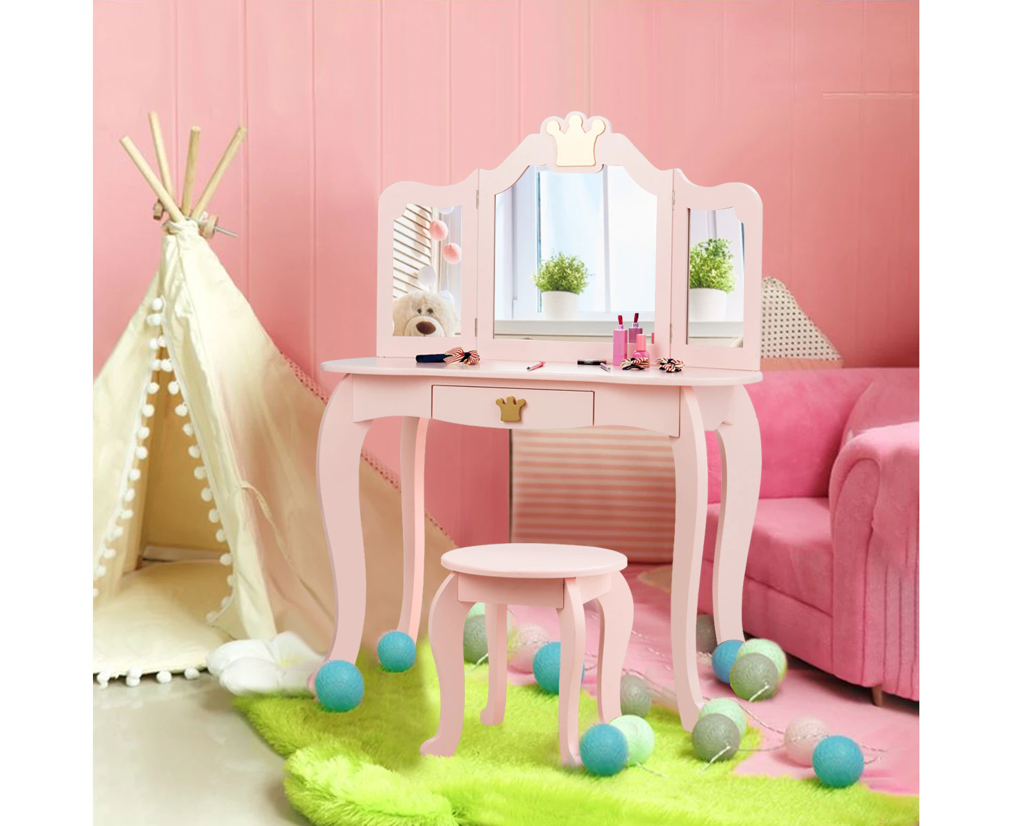 Kids Vanity Table & Stool Set w/Detachable Mirror Princess Makeup Dressing Table Set Study Writing Desk Pink