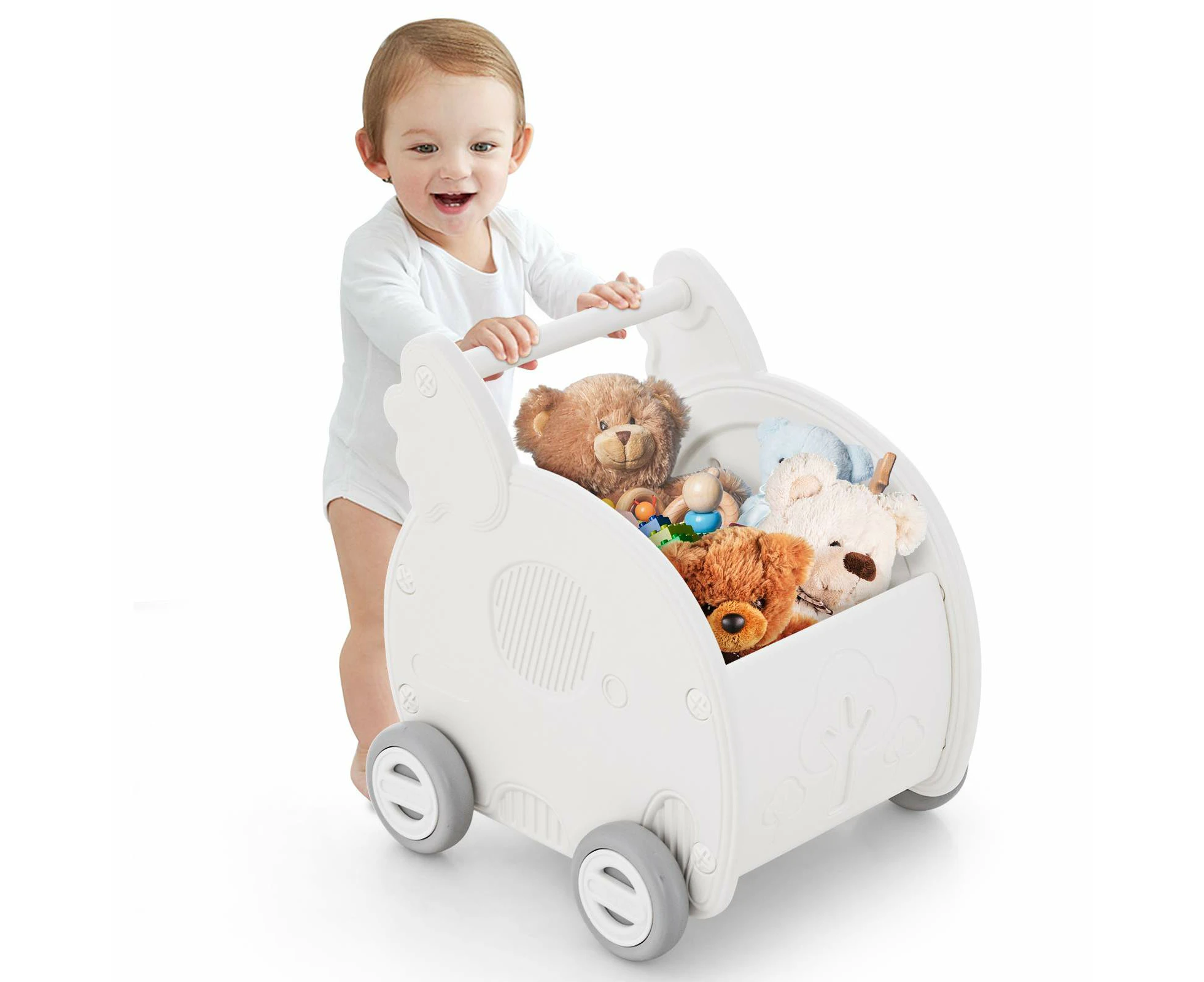 2-In-1 Baby Push Walker Elephant Shaped Toy Storage Cart Toddler Learning Walker Car White