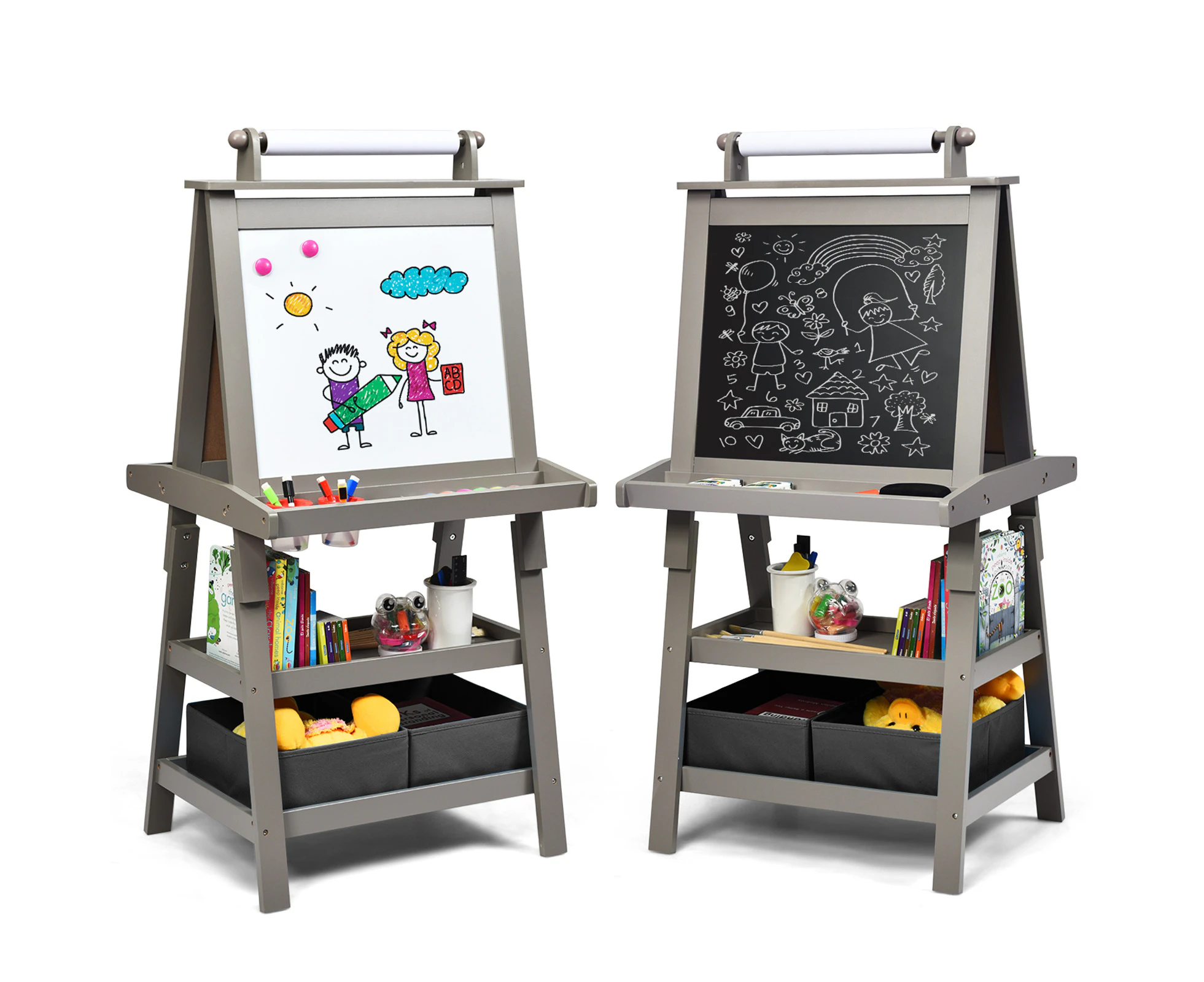 3-in-1 Kids Art Easel Double-Sided Standing Easel w/Paper Roll & Storage Boxes Children Painting Drawing Board Grey