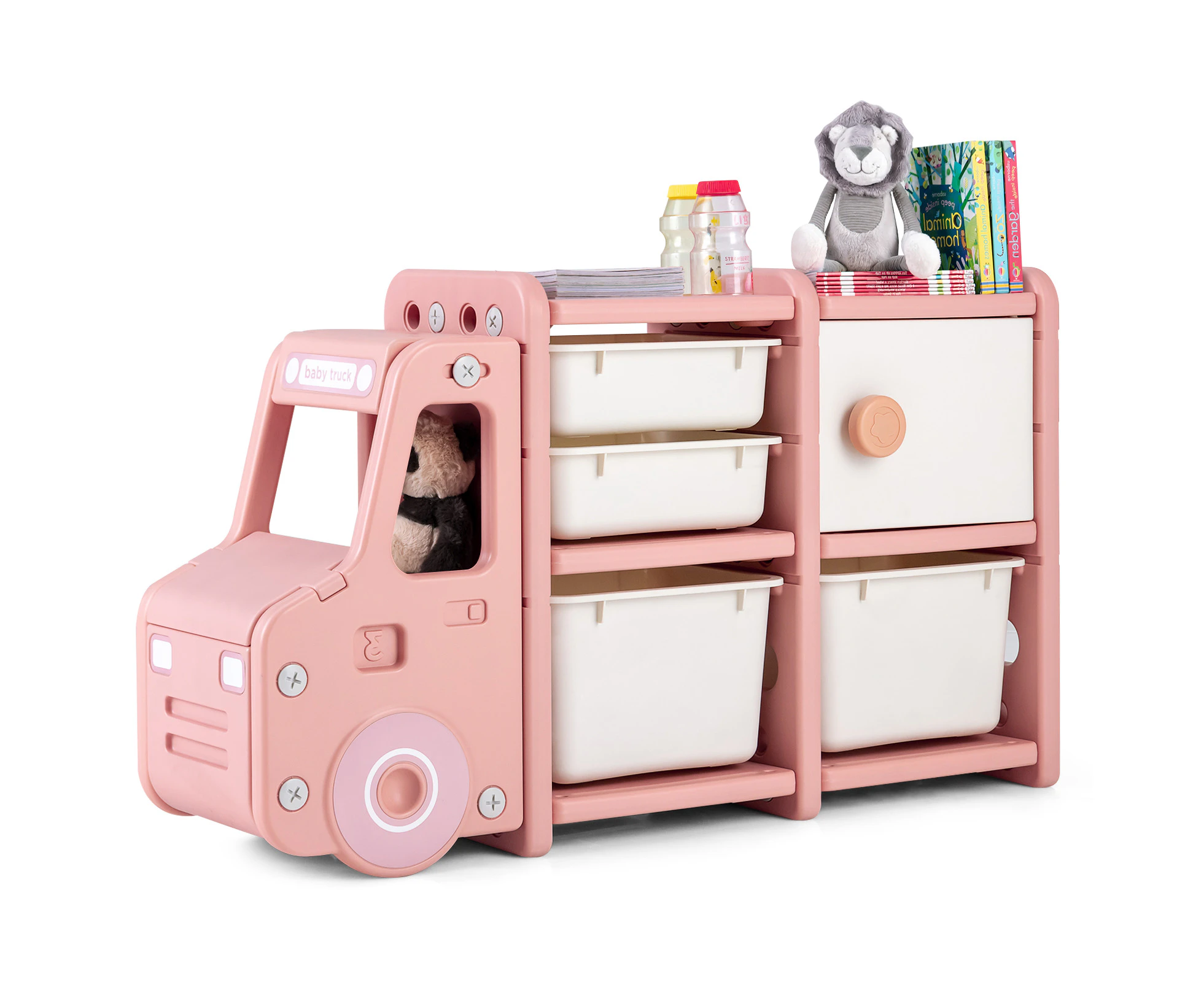 Kids Toy Storage Organiser Bookcase Truck-shaped Storage Cabinet w/Bins & Drawers for Playroom Bedroom School Pink