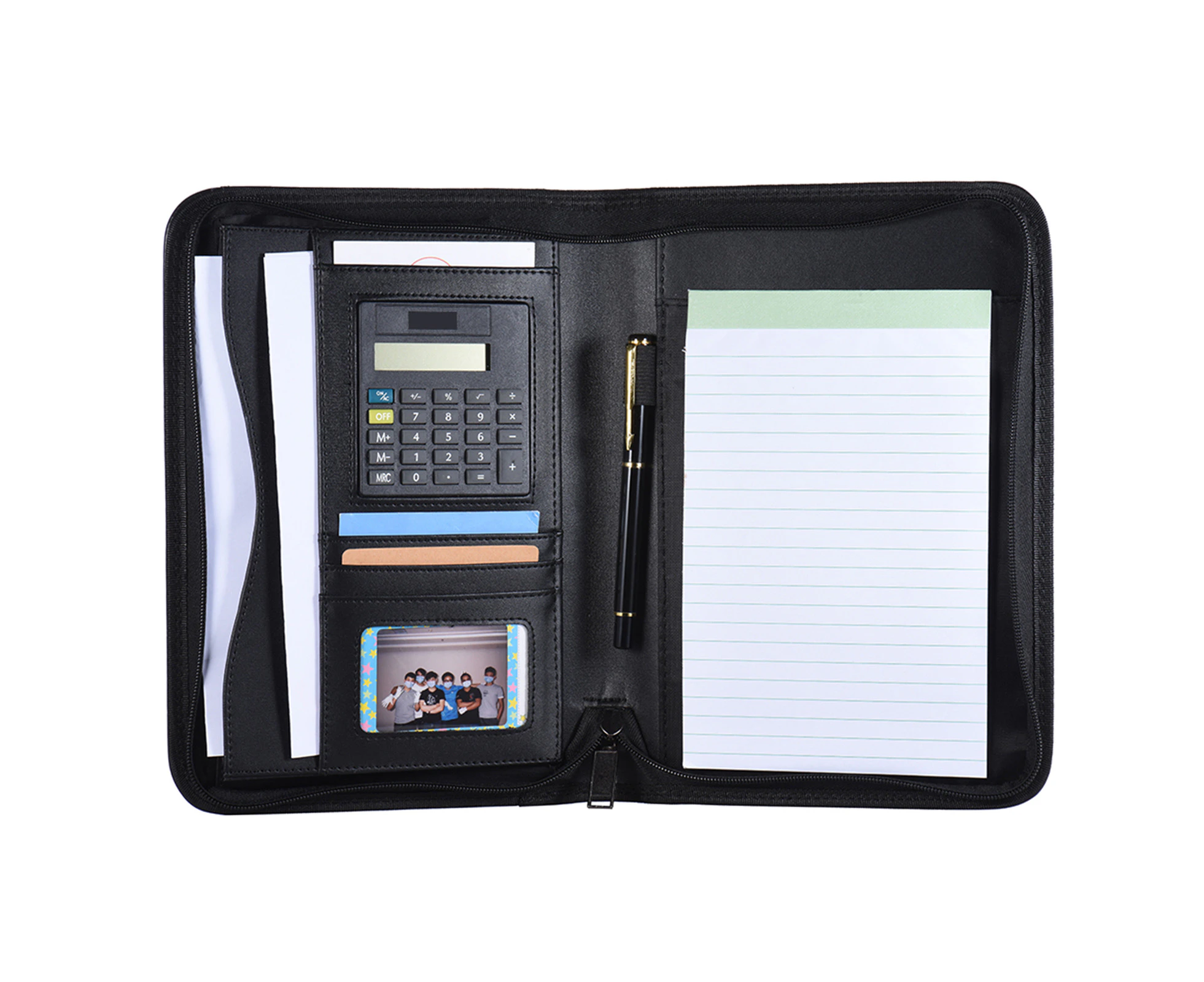 Portable Professional Business Portfolio Padfolio Folder Document Case Organizer A5 PU Leather Zippered Closure with Calculator Card Holder Memo Note