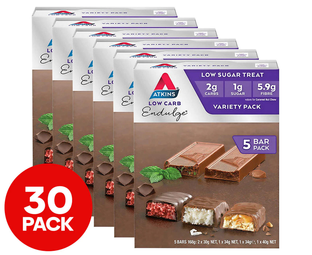 6 x 5pk Atkins Low Carb Endulge Bars Variety Pack