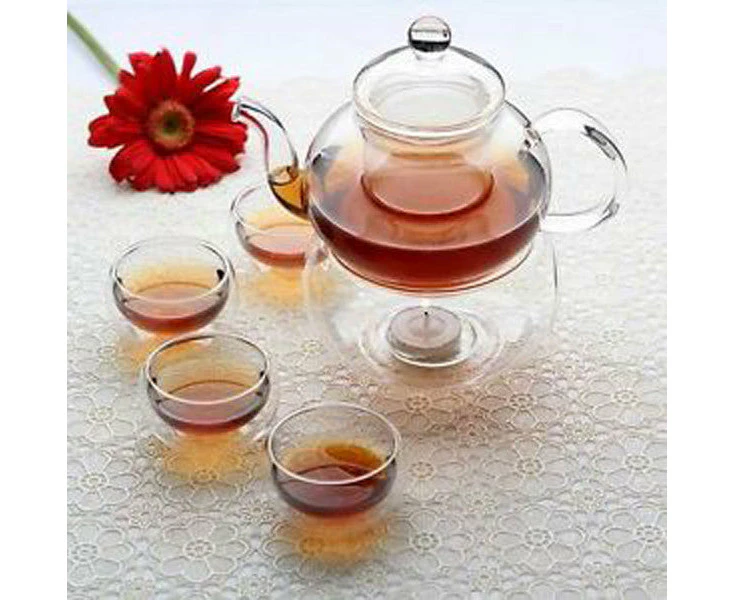 1 Set of Gongfu Chinese Ceremony Tea Set - 6 Glass cups with Infuser and Tealight Candle Pot Warmer