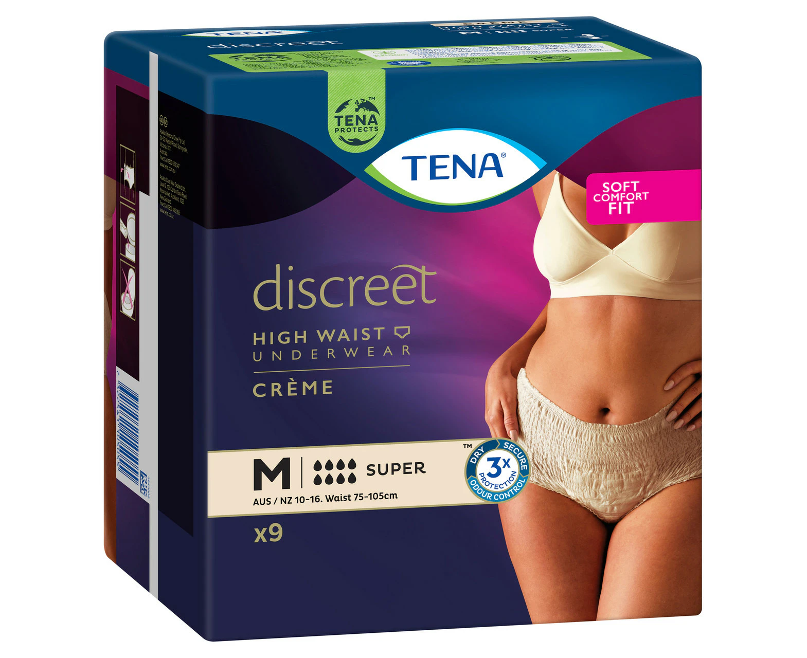 TENA Discreet Women's High Waist Underwear Creme Medium (M) 9 Pack