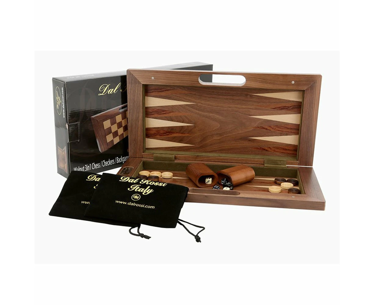 Dal Rossi 16 inch Walnut Folding 3-in-1 Chess/Backgammon/Checkers Set