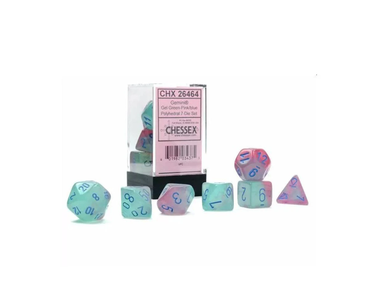 Chessex Gemini Gel Green-Pink/Blue Luminary 7 Die Set CHX 26464