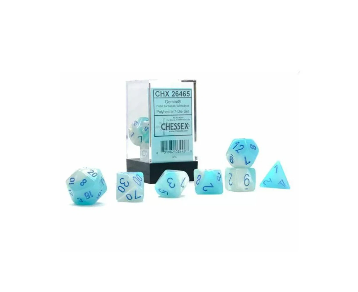 Chessex Gemini Gel Pearl Turquoise-White/Blue Luminary 7 Die Set CHX 26465