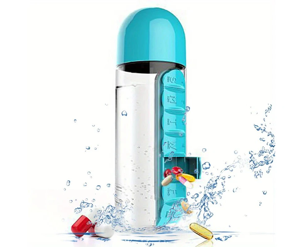 Portable Water Bottle With Built-in Pill Box for Medicines, Vitamins, Perfect for Outdoor, Gym, Fitness, Camping and Traveling Blue