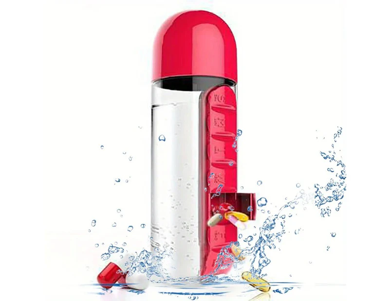 Portable Water Bottle With Built-in Pill Box for Medicines, Vitamins, Perfect for Outdoor, Gym, Fitness, Camping and Traveling red