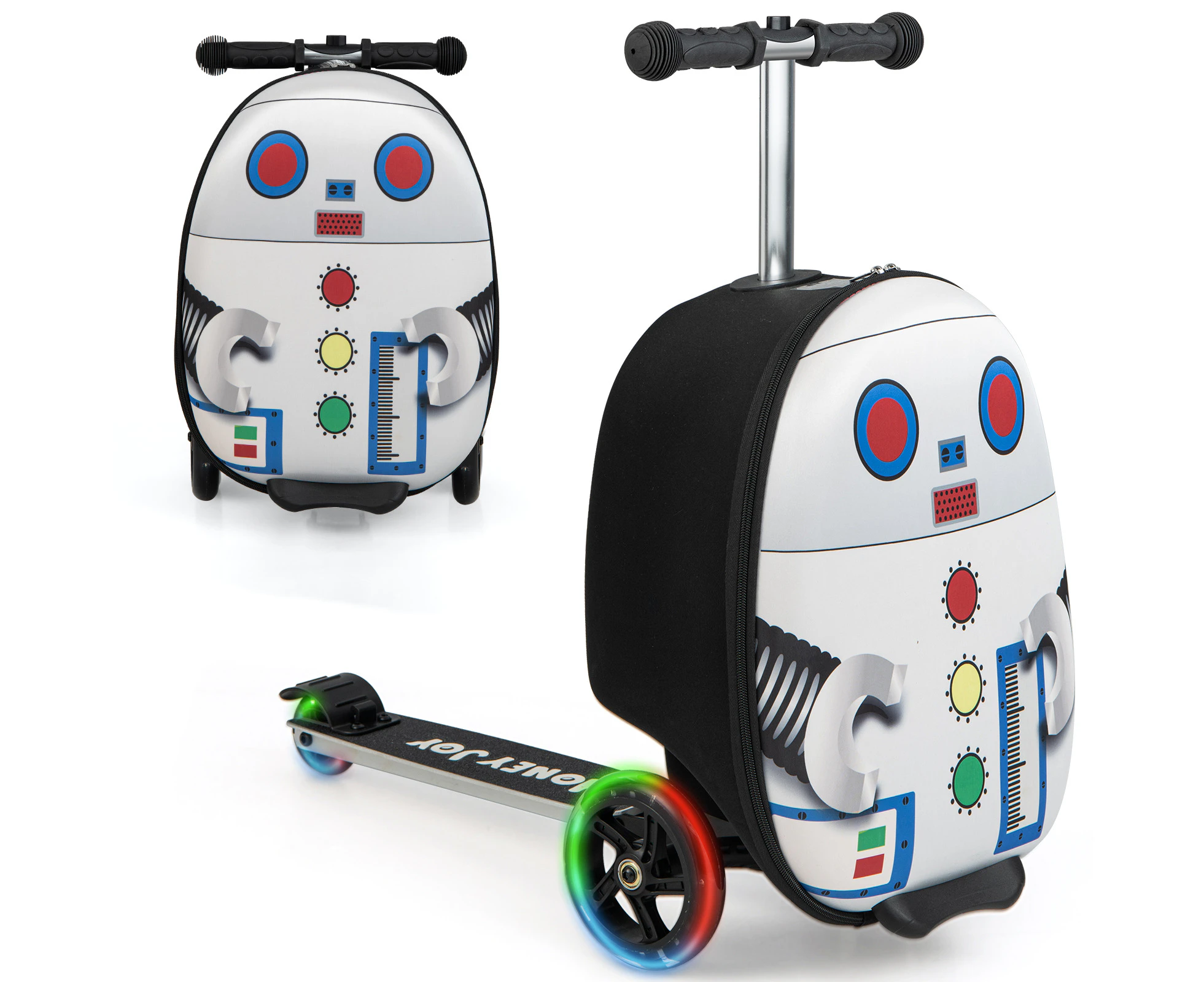 2-in-1 Kids Suitcase Scooter Set Foldable Ride-on Luggage w/LED Lit Wheels White