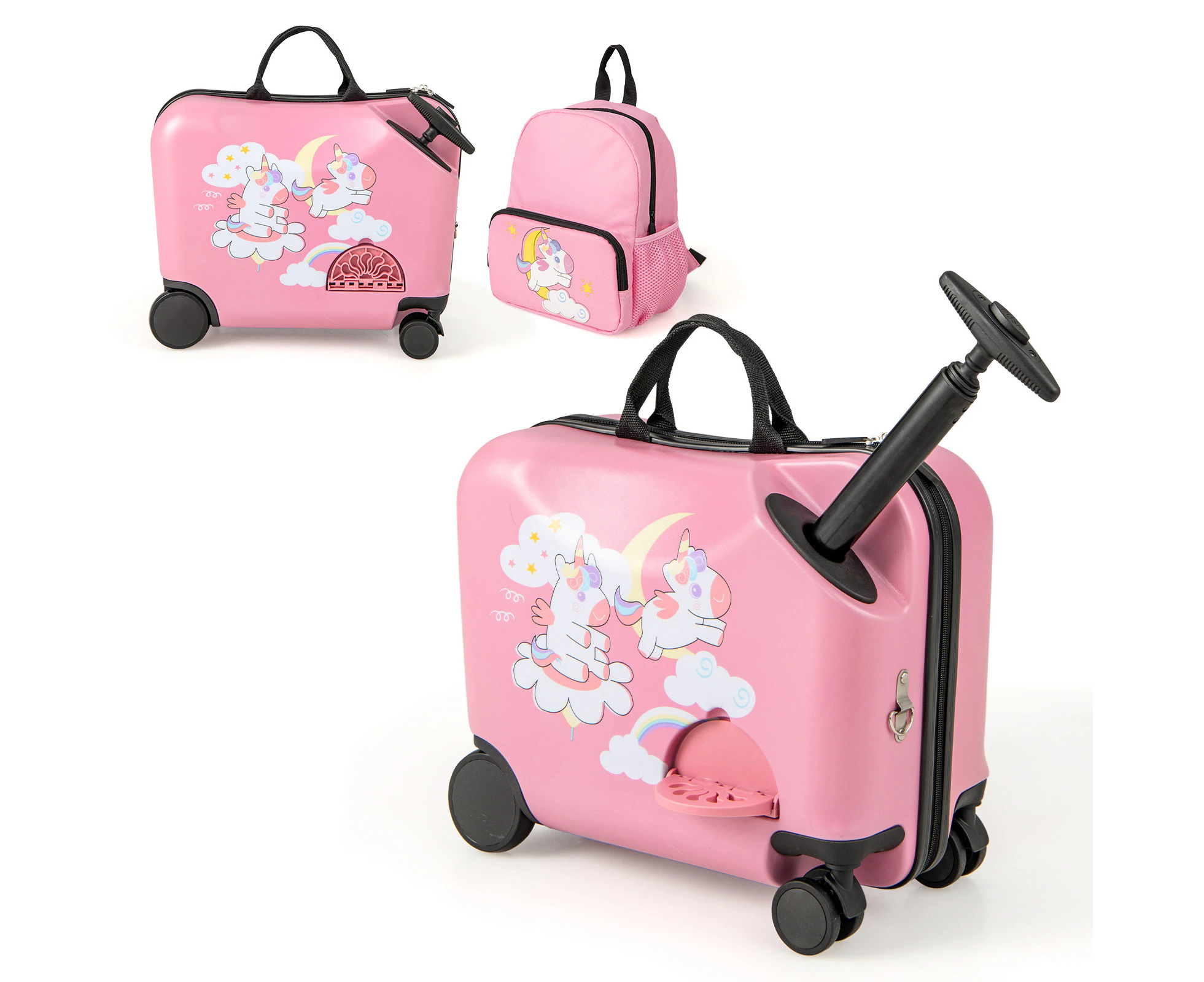 Kids Ride-on Luggage Set 18" +12" Travel Suitcase & Backpack Set w/Anti-Lost Rope