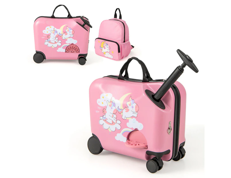 Kids Ride-on Luggage Set 18" +12" Travel Suitcase & Backpack Set w/Anti-Lost Rope