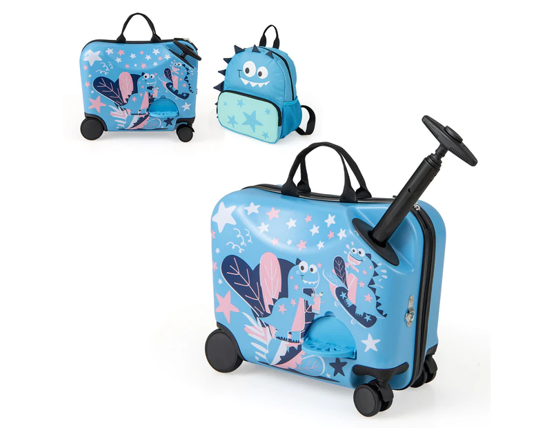 Kids Ride-on Luggage Set 18" +12" Travel Suitcase & Backpack Set w/Anti-Lost Rope Blue