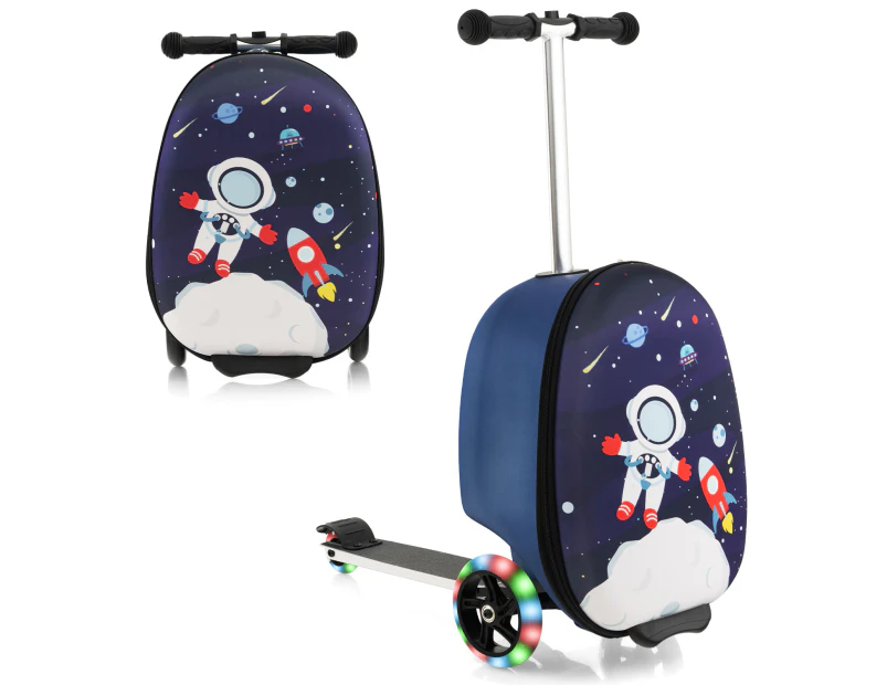 2-in-1 Kids Suitcase Scooter Set Foldable Ride-on Luggage w/LED Lit Wheels Astronaut Pattern