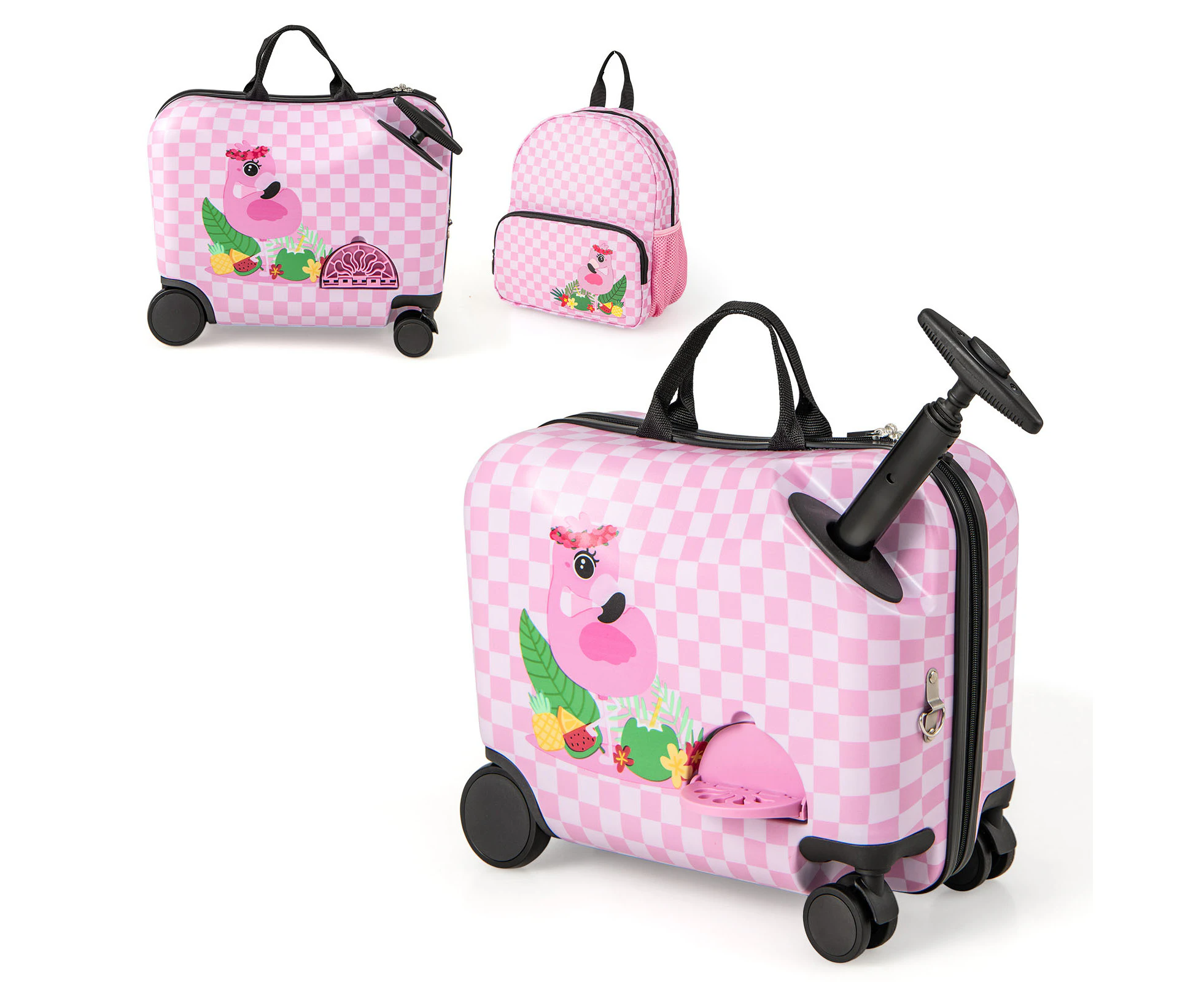 Kids Ride-on Luggage Set 18" +12" Travel Suitcase & Backpack Set w/Anti-Lost Rope Pink