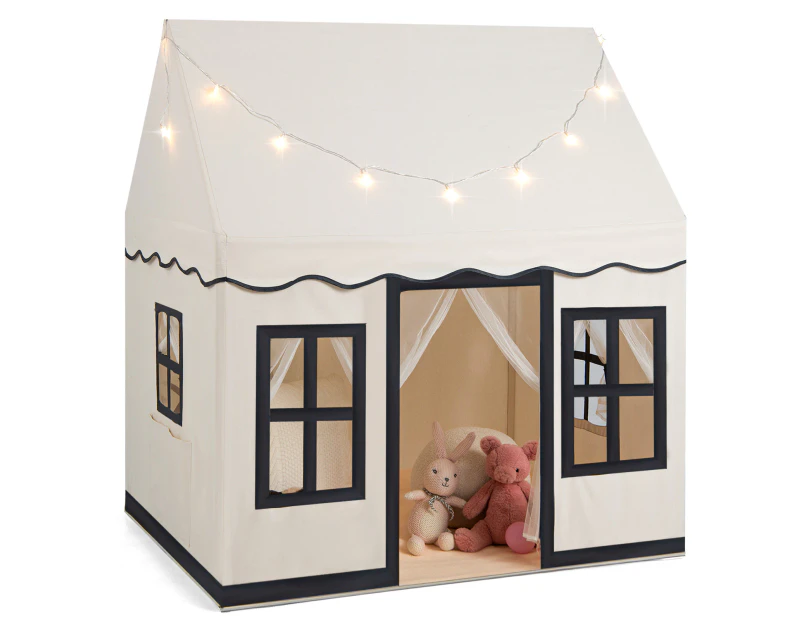 Kids Play Tent w/LED Lights Children Playhouse Play Castle w/Anti-slip Mat & 2 Windows Beige