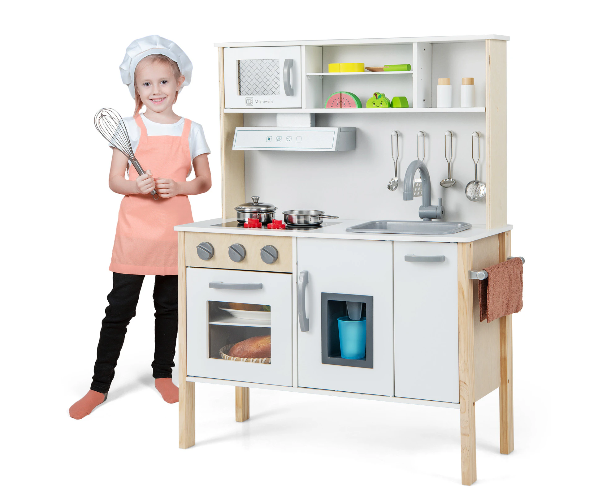 Wooden Kids Play Kitchen Pretend Cooking Playset Toy Kitchen Set w/Full Accessories Preschool Gift