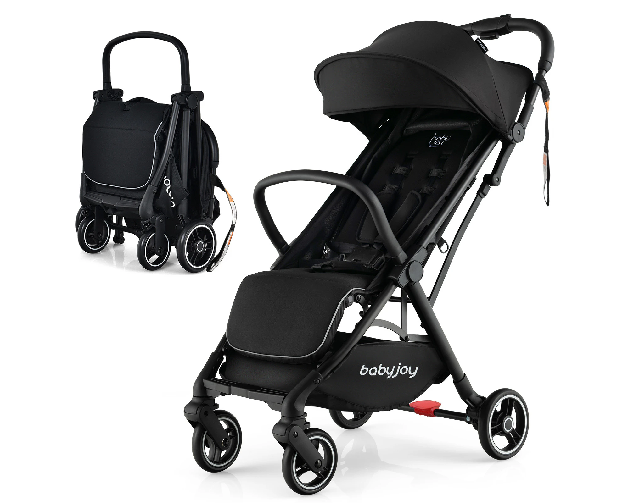 Folding Baby Stroller Portable Infant Prams w/Adjustable Canopy & Backrest & Footrest & Storage Basket Black