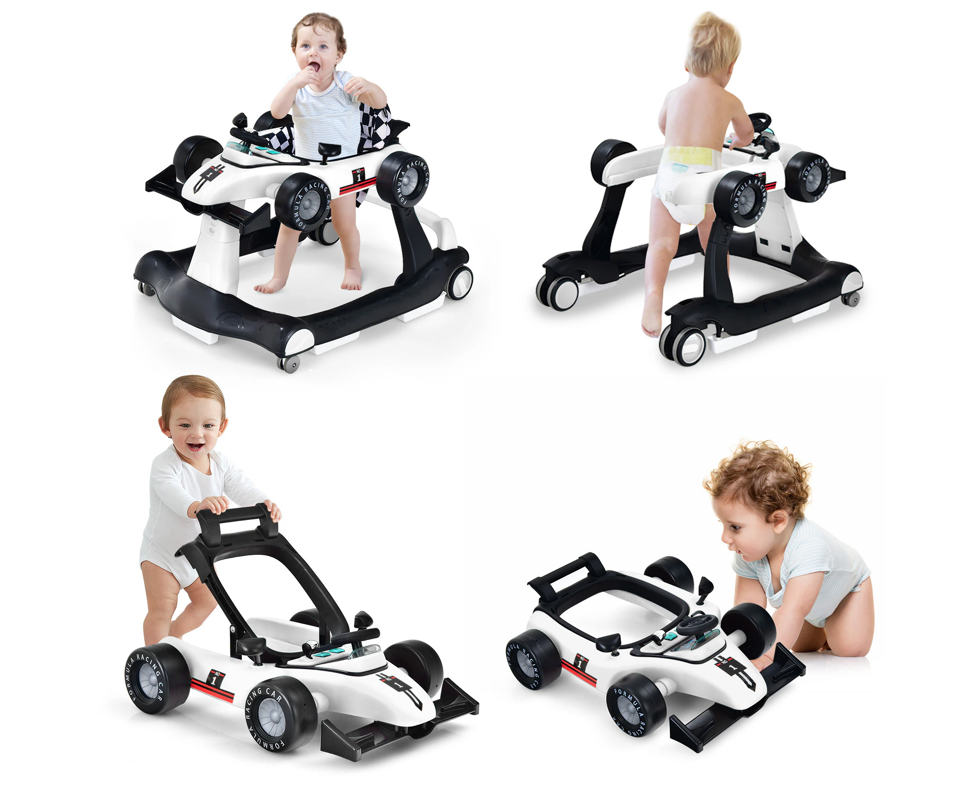 4-in-1 Baby Walker Folding Activity Car Toddler Push Car Adjustable Height & Speed w/Music Box White