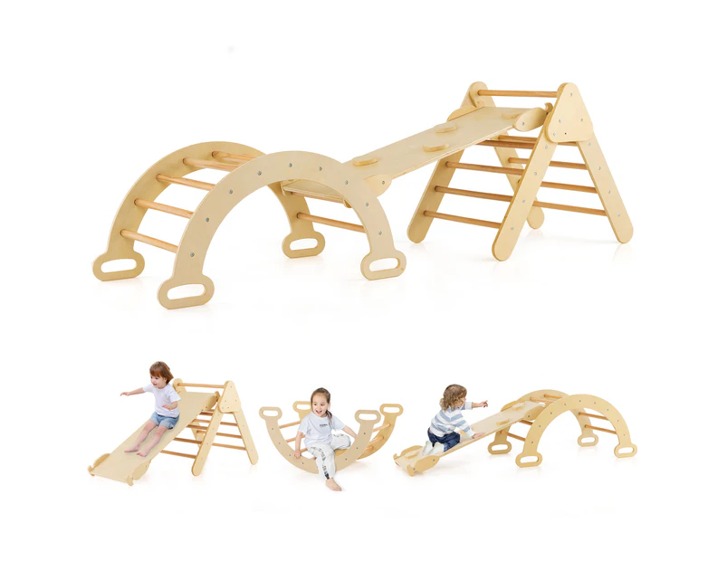 3-in-1 Kids Climbing Toys Playset Wood Rocking Arch Slide Set w/Double Sided Ramp Natural