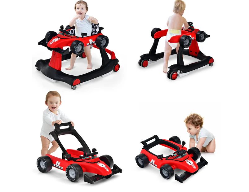 4-in-1 Baby Walker Folding Activity Car Toddler Push Car Adjustable Height & Speed w/Music Box Red