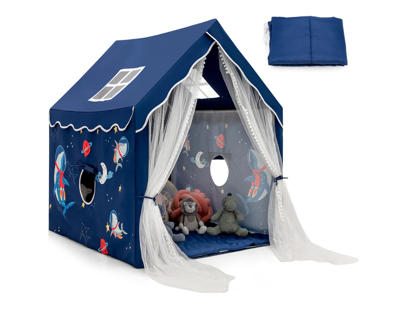 Large Kids Play Tents Children Playhouse Princess Castle w/Removable Mat & Curtain Blue